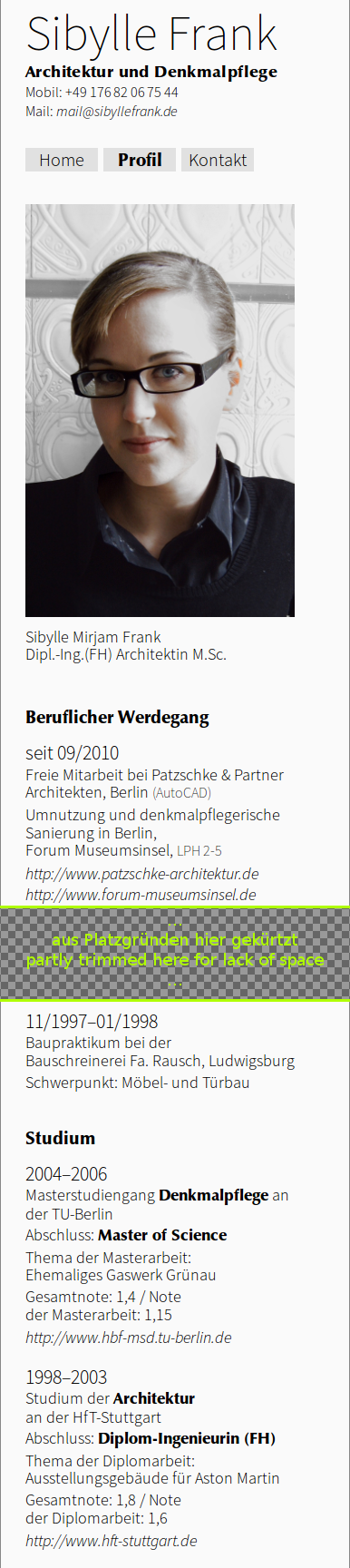 Schmale Ansicht der Website von Sibylle Frank