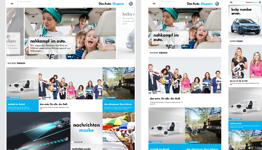Screenshots der Volkswagen Das Auto.Magazin Website in 3 responsive Stufen
